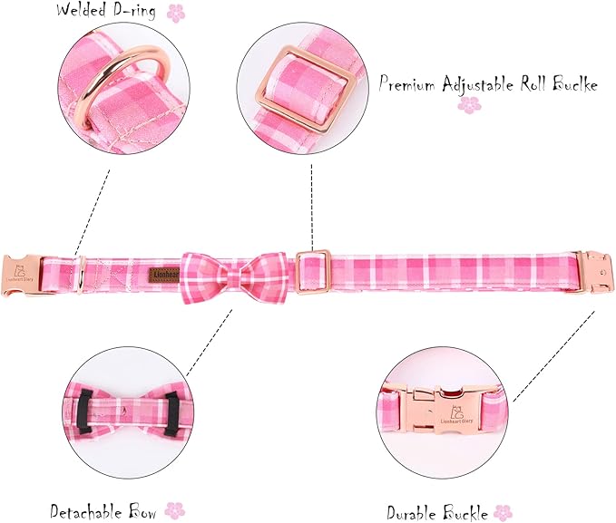 Lionheart glory Pink Plaid Dog Collar, Adjustable Dog Collar with Bowtie, Pet Gift Girl Collar for Dog Soft Bowtie Dog Collars for X-Small Puppy