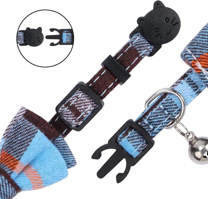 Faleela 2 Pack/Set Cat Collar with Cute Bow Tie and Bell,Breakaway Plaid Shirt Collar for Kitty Adjustable Safety
