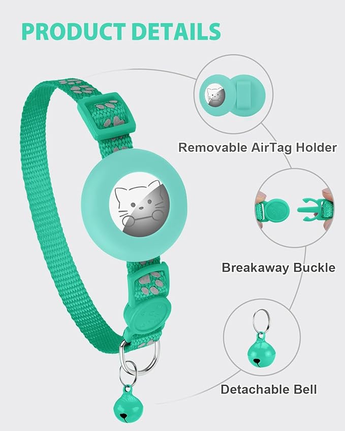 Joytale AirTag Cat Collar 2 Pack with Breakaway Safety Buckle, Reflective Cats Collar with AirTag Holder, Adjustable 7.5-12.5 Inch, Anti-Fraying Lightweight for Girl Boy Kitten, Teal