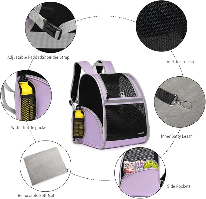 Cat Backpack Carrier for Small Dogs and Medium cat Puppy Kitten Bunny Pet Carrier Backpack Collapsible with Fully Ventilated Mesh with Safety Leash (Purple, 12.9" L x 10.62" W x 15.5" H - M)