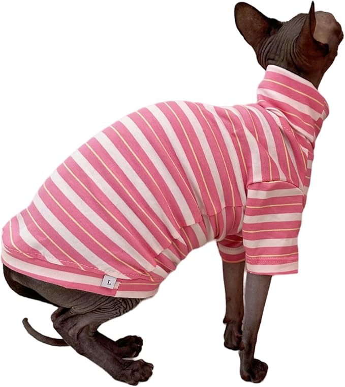 Vintage Stripes Sphynx Hairless Cats Shirt Cotton Cat Turtleneck Pet Clothes Kitten T-Shirts with Sleeves for Sphynx Cats (Sakura, Small)