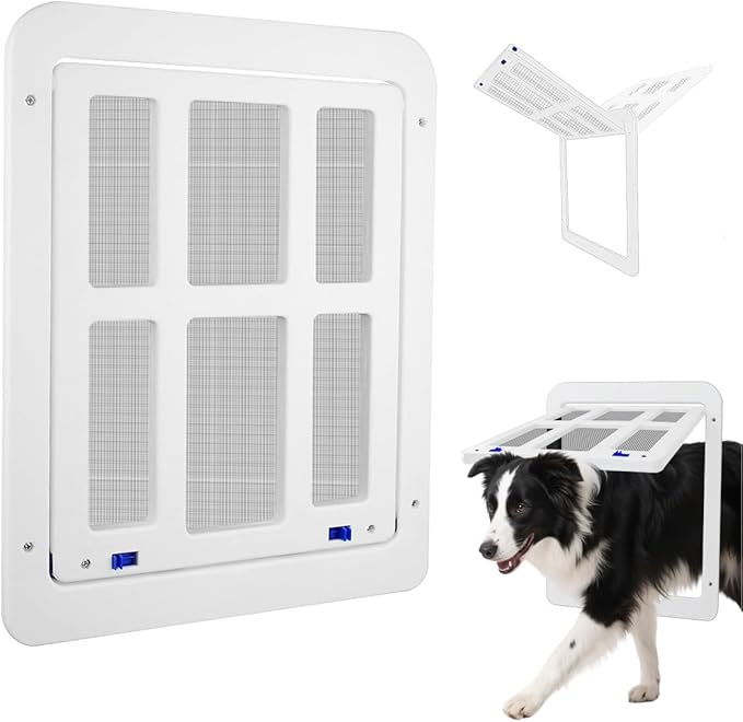NAMSAN Dog Screen Door, Passage Size 12 x 16 inches, Dog Door for Screen Door, Large Pet Door for Sliding Door, Magnetic Automatic Closing, Self-Assembly, Lockable, White ﻿