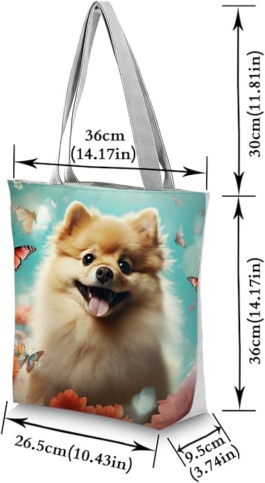 Cute Dog with Butterfly and Floral Design Tote Bag with Zipper Closure Outdoor Great for Carrying Pet Supplies Handbag Nice Birthday Holiday Gift Idea for Dog Owner Animal Lovers Shoulder Bag