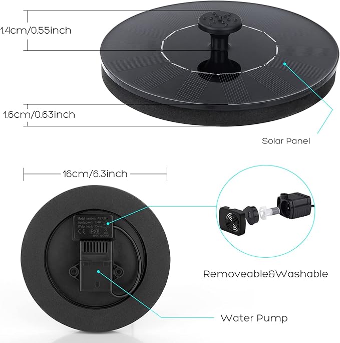 Mademax Solar Bird Bath Fountains Pump, Upgrade 1.4W Solar Fountain with 6 Nozzle, Free Standing Floating Solar Powered Water Fountain Pump for Bird Bath, Garden, Pond, Pool, Outdoor