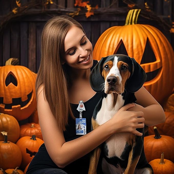 callie Personalized Halloween Ghost Badge Reel - Custom 1-3 Dogs and Names, Glitter Pumpkin ID Badge Holder Retractable, Holiday Gift for Dog Lover Nurse RN CNA Doctor