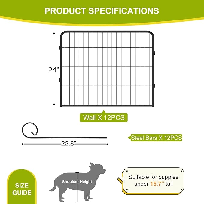 BestPet Dog Playpen 24 Inch 12 Panels Heavy Duty Metal Pet Exercise Pen Without Door Indoor Outdoor Fence Panels Anti-Skid Expandable Design