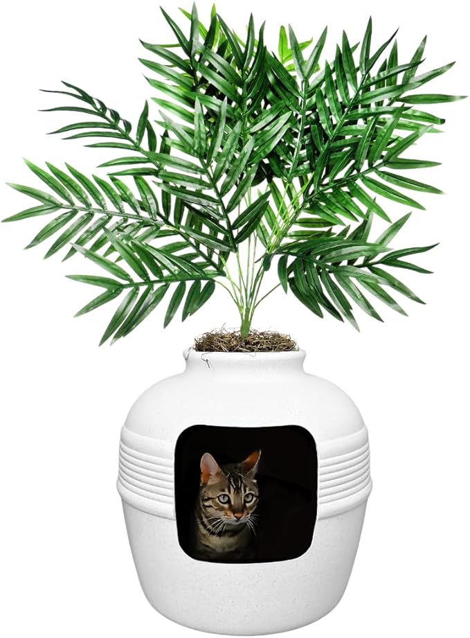 Good Pet Stuff Hidden Litter Box Planter, Decorative Cat Litter Enclosure with Carbon Filter, Artificial Plant, Easy Clean, Indoor Design, Original Round Style, Base Kit, White Birch