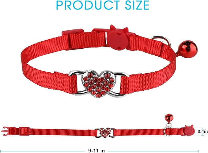 2 Pcs Cat Collars Heart Bling Breakaway with Bell Nylon Adjustable for Kitty (red+Purple)