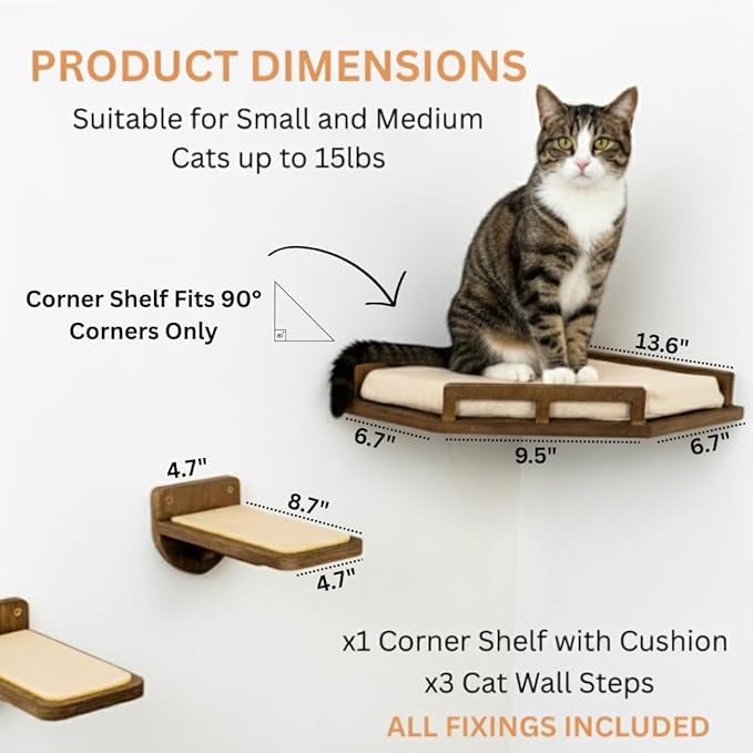 INICIO Cat Wall Shelves - Safe and Sturdy Cat Wall Furniture - Stylish Natural Wood Corner Shelf with 3 Steps for Cats up to 15lbs - Cushioned Perch and Stairs for Climbing and Playing - Dark Brown