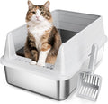 Stainless Steel Cat Litter Box, Odor Free Metal Litter Box with High Sides Lid, Open Top Low Entry Litter Pan Include Scoop Easy Cleaning Anti-Scratch Kitty Cat Box Anti-Urine Leakage, Non-Sticky, M