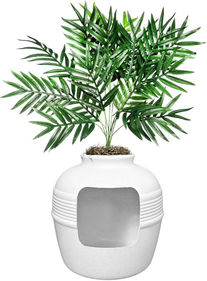 Good Pet Stuff Hidden Litter Box Planter, Decorative Cat Litter Enclosure with Carbon Filter, Artificial Plant, Easy Clean, Indoor Design, Original Round Style, Base Kit, White Birch