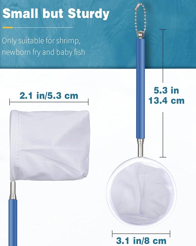 Pawfly 3 Inch Aquarium Shrimp Net, Tiny Fish Tank Net with Extendable Stainless Steel Handle, Soft Round Fine Mesh for Baby Fish, Food Residue, and Debris Skimming in Small Ponds & Tanks