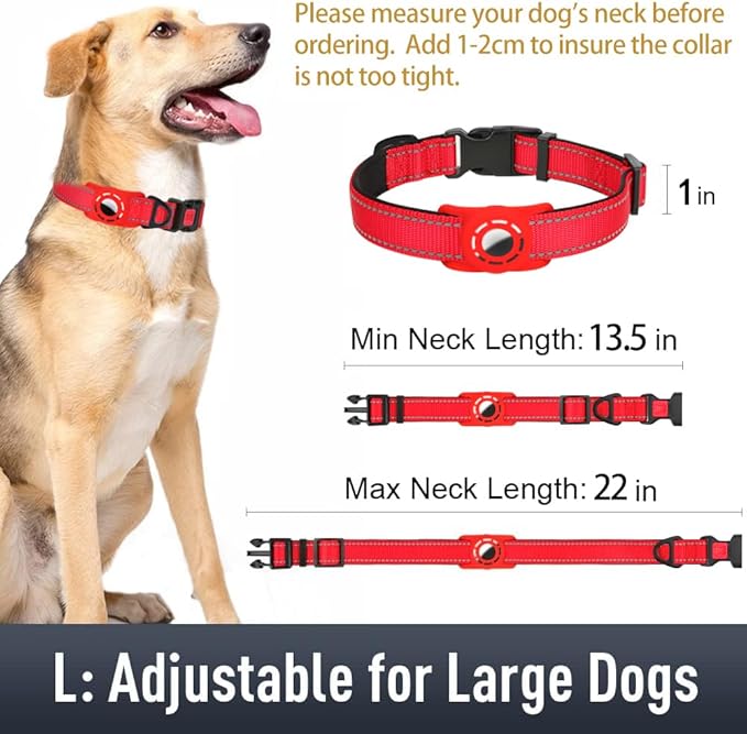 Airtag Dog Collar with AirTag Holder for Large Dogs, Reflective, Soft Padded & Safety Locking Buckle, Nylon Pet Collars Adjustable for All Breeds, Red,L
