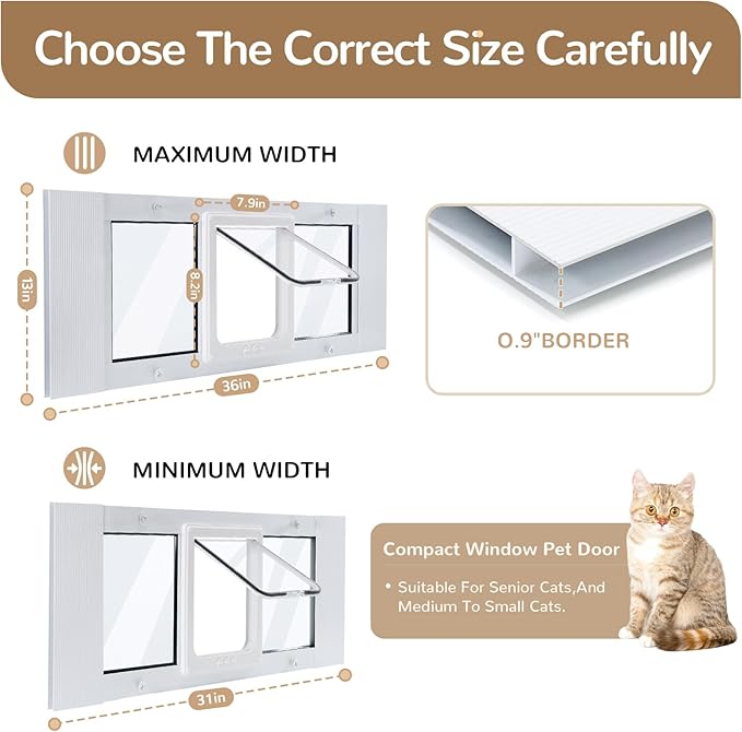 Cat Door for Window, Fits 31"-36" Width Windows, Quick-Fit Pet Door Window Insert, 4 Locking Mechanisms, Magnetic Closure Window Cat Doors Safety & Weatherproof