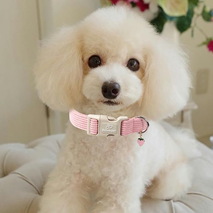 Cute Corduroy Dog Collar - Pink Adjustable Dog Collars for X-Large Dogs 80+lbs, Fade-Proof with Secure Snap & Little Charm, Christmas Birthday Gift, XL