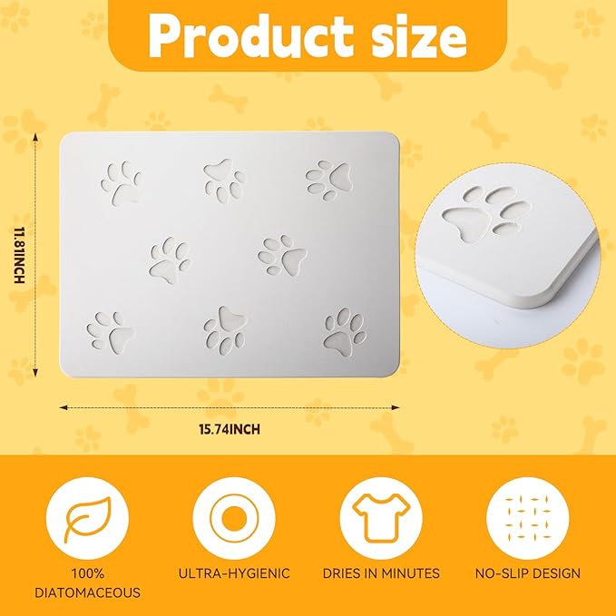 White Diatomaceous Earth Dog Bowl Mat (16x12 in) | Non-Slip Pet Food & Water Mat | Square Design with Cute Paw Prints for Medium Dogs, Quick Dry & Easy to Clean