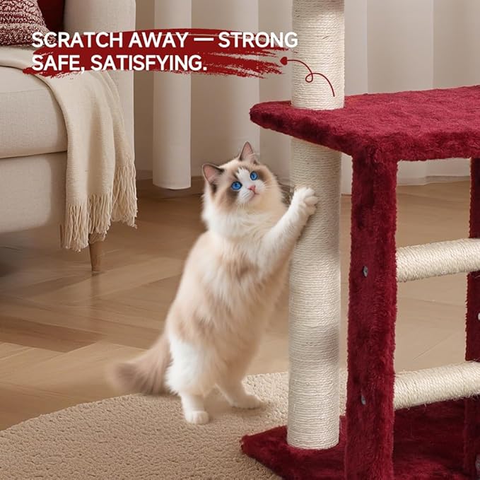 Cat Tree, 37.4-Inch Cat Tower with Plush Cozy Perch for Indoor Cats, Sturdy Tower with Fully Sisal-Wrapped Columns and Plush Toy Ball for Kitty Play, Red