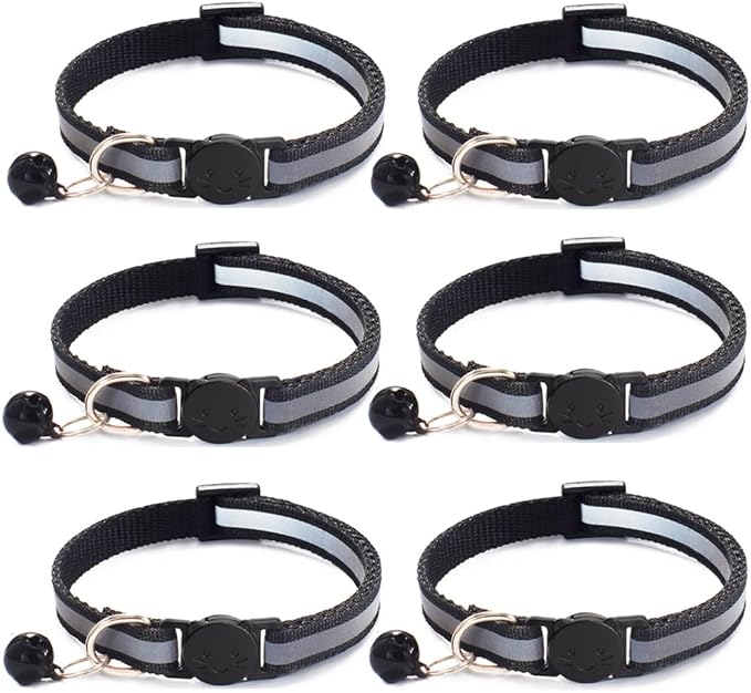 6 Pack Reflective Cat Collar with Bell, Breakaway and Safe Collars for Cats, Nylon, Pet Collar Adjustable19-32cm (Black)