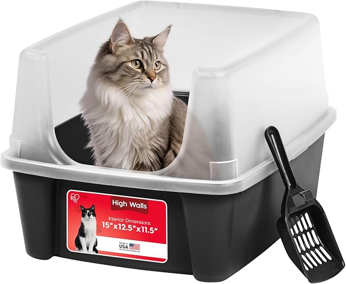 IRIS USA Large Cat Litter Box with Scatter Shield and Scoop, Open Top High Sided Cat Litter Pan, Black