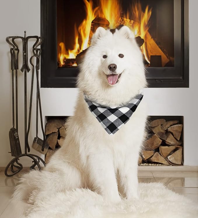 Christmas Plaid Dog Bandana with Button, Dual Layer Scarf Soft Cotton Triangle Bib Girls and Boys Kerchief Adjustable Accessories for Small Medium Large Extra Large Dog Puppy Pet Cat