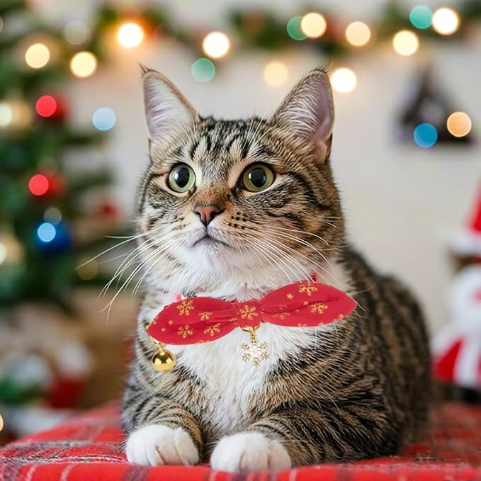 Bunny Ear Christmas Bowtie Cat Collar with Bell 2 Pack Cotton Breakaway Snowflakes Holiday Kitten Collars(Red+Green)
