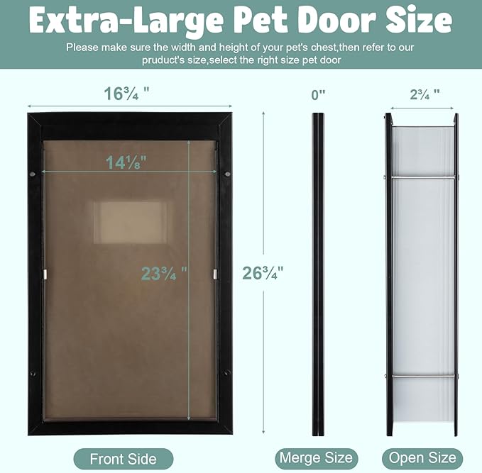 Dog Door Aluminum Pet Door with Extra-Large Flap, Doggie Door Designed with Automatic Closing Magnetic Flap, Telescoping Tunnel (X-Large&Adjustable Thickness)