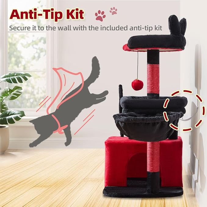 Taoqimiao MS043BR Cat Tree, 32.2-Inch Cat Tower for Indoors Cats, Cat Condo with Large Cat Perch, Spacious Cat Cave, Scratching Posts for Small and Medium Cats, Black and Red