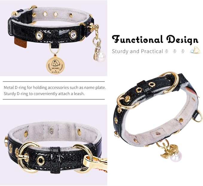 PetsHome Cat Collar, Dog Collar, [Bling Rhinestones] PU Leather Adjustable Pet Collar with Luxury Pendant for Big Cat and Small to Medium Dog Small Black