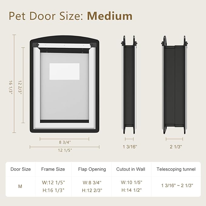 MAVRICFLEX Dog Door for Door - All-Stainless Steel Frame, Weather-Resistant Double Soft Flaps, 2 Sliding ABS Panels for Indoor/Outdoor Use, Fits Dogs Up to 40 LBS, Easy Install, Black
