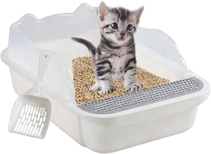 kathson Open Cat Litter Box with High Side,Anti-Splashing Cats Litter Pan,Kitten Toilet with Litter Sifting Scoop,Semi-Enclosed Removable Kittens Litter for Boxes Easy to Clean No Odor 11×17×7 inches