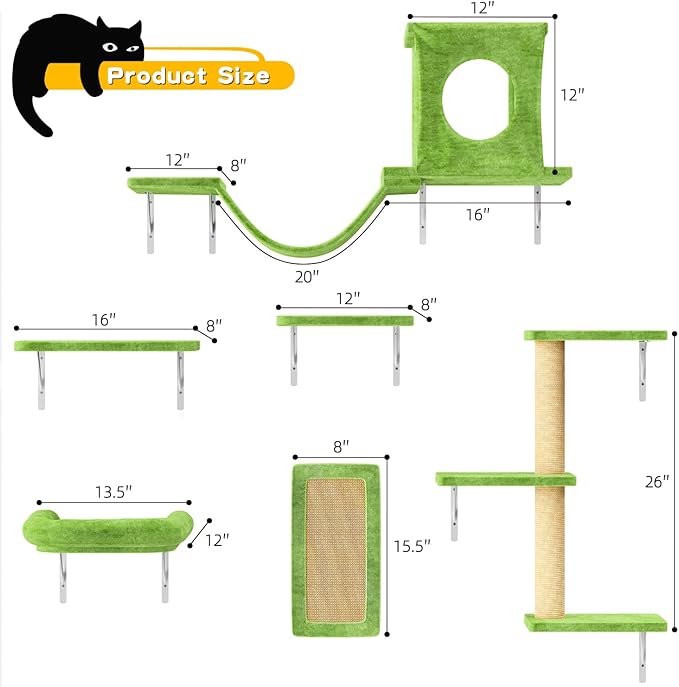 NUNU LAB Wall Mounted Cat Furniture Set - 6 Pcs Climber Set with House, Bridge, Steps, Scratcher Board - DIY Walls Playground, Indoor Cat Shelves - Green