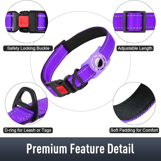 Airtag Dog Collar with AirTag Holder for Small Dogs, Reflective, Soft Padded & Safety Locking Buckle, Nylon Pet Collars Adjustable for All Breeds, Purple,S