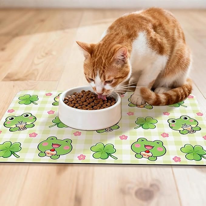 Dog Food Mat for Pet Cat Food Mat, Cute Frog Absorbent Quick Dry Dog Bowl Mats for Food and Water, Non-Slip Cat Pet Feeding Mats for Floor Placemats 12"x20"
