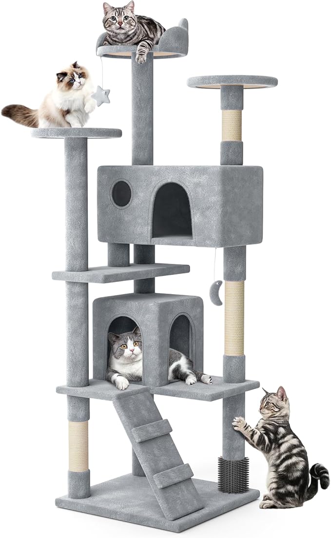 MoNiBloom 77 Inch Cat Tree Tower for Indoor Cats Large Adults, Tall Cat Tower with Scratching Post, Multi-Level Furniture Activity Center with Cat Condo Pet Play House, Light Grey
