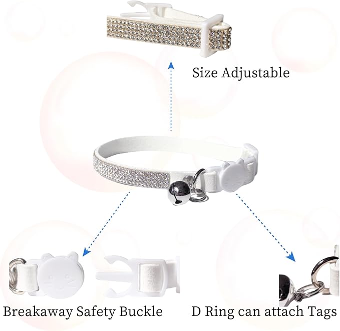 Rhinestone Cat Collar Breakaway Safety Buckle with Bell, Adjustable Diamond Girl Boy Kitty Cute Comfy Collar for Kitten Small Pets Rabbits, 7.5"-11" White