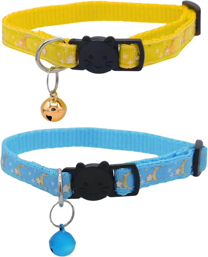 Set of 2: KioKatt Celestial Nylon Cat Collars with Matching Bells – Adjustable Breakaway Safety Collars for Adult Cats, 7–11" (Yellow + Soft Blue)
