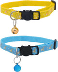 Set of 2: KioKatt Celestial Nylon Cat Collars with Matching Bells – Adjustable Breakaway Safety Collars for Adult Cats, 7–11" (Yellow + Soft Blue)