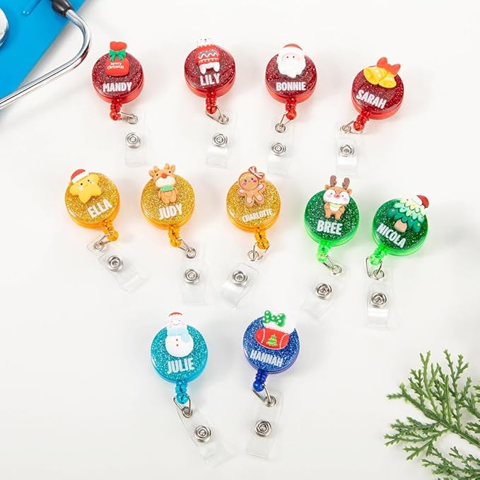 callie Personalized Christmas Badge Reel - Custom Name, Christmas Nurse ID Badge Holder Retractable with Alligator Clip, Cute Snowman Santa Elk Bell, Gifts for Nurse RN CNA Doctor