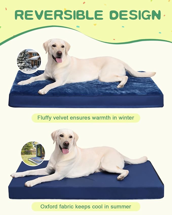 KSIIA Orthopedic Dog Crate Bed Waterproof Dog beds for Large Dogs Deluxe Plush Washable Pet Mat with Egg Crate Foam & Removable Cover, 35 x 22 Inch, Blue