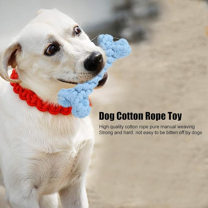 Pet Cotton Rope Biting Chewing Molar Toy, Cartoon Animal Shape & Pure Manual Weaving, Dog Rope Toys with Strong and Hard, Grind and Clean Teeth, Relieve Pressure (Blue Bones)