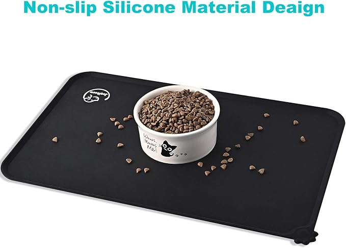 Silicone Waterproof Dog Cat Pet Feeding Mats, Non Slip, Easy Clean Pet Dog Cat Bowl Mats Placemat (24" x 16") Black