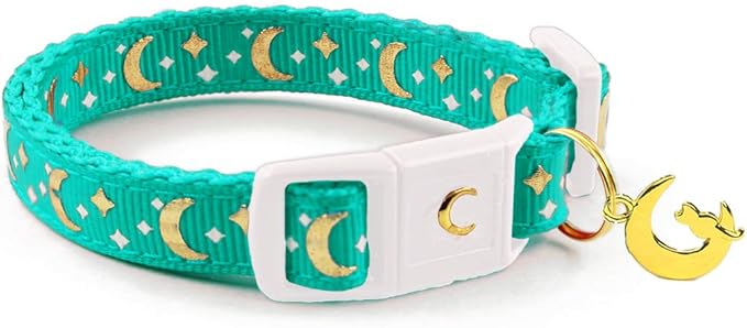 WAAAG Cat Collars, Gold Moons and Stars Cat Collar, Safety Breakaway Cat Collar, Glow in The Dark (Standard 9"-15" Neck, Aqua)