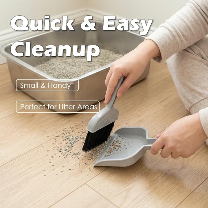 4-in-1 Cat Litter Scoop with Holder, Cat Litter Box Organizer Cleanup Kit - Sweeper & Dustpan, Aluminum Kitty Litter Scooper and Storage Caddy (Gray)