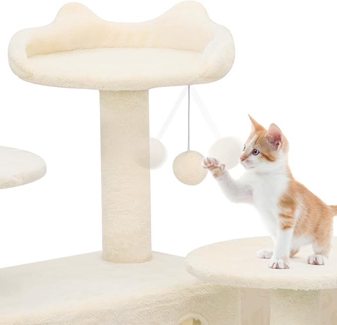 Athena Collection Cat Tree - 62"Multilevel Cat Scratching Post & Condo, Dangling Ball Activity Center for Indoor Cats, Beige