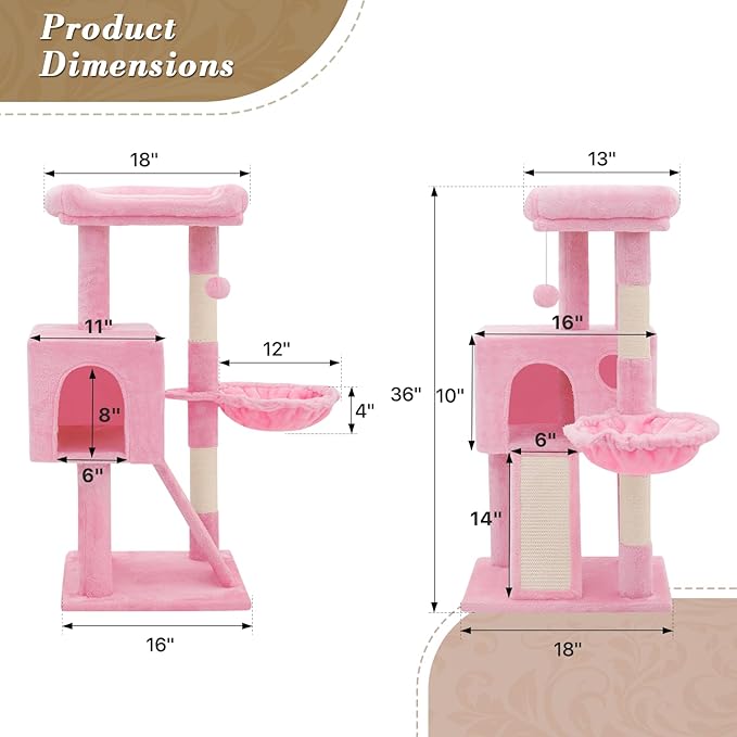 Athena Collection Cat Tree, 36 Inch Tall Cat Tree Tower for Indoor Cats, Multi-Level Cat Tower House Activity Center Climbing Tower with Cat Condo & Hammock & Scratching Post & Dangling Ball, Pink