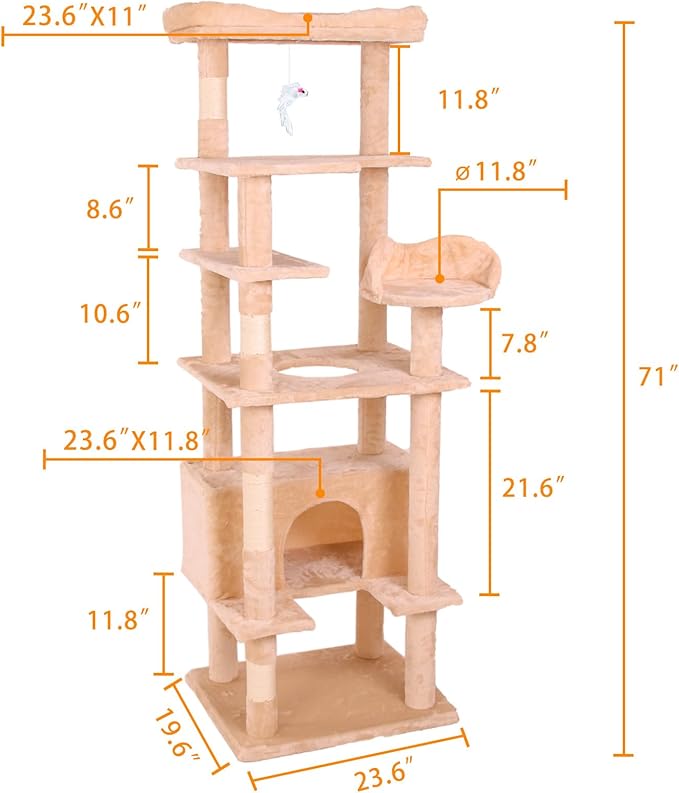 71'' Velvet Cat Climbing Frame, Multi-Level Cats Tree Tower with Scratching Posts, Large Top Padded Perch and Playhouse, Anti-Tipping Devices for Indoor Cats Activity Center (Cream White)