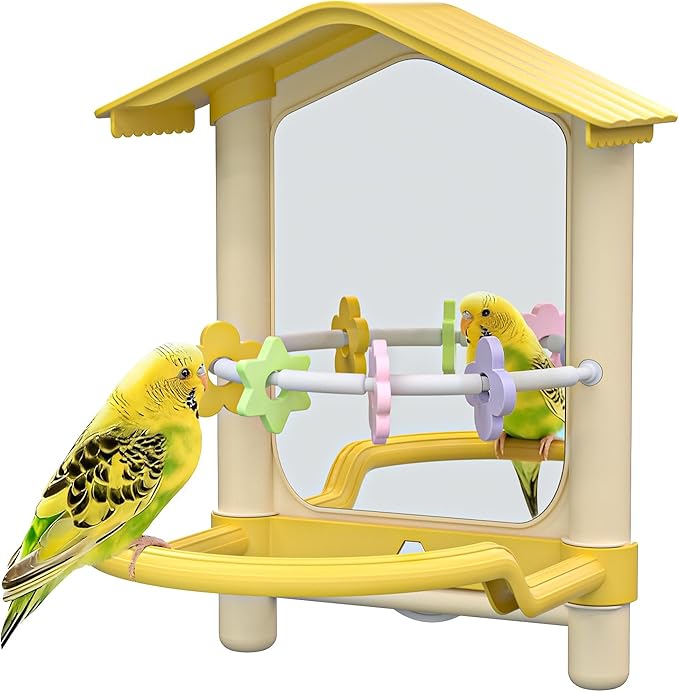 8.1 Inch Pet Bird Mirror with Perch Stand and Parakeet Chew Toys,Parrot Toys Bird Cage Decorative Accessory, Helps Birds Release Stress for Canaries Budgies Lovebirds Conures Cockatiels (Yellow)