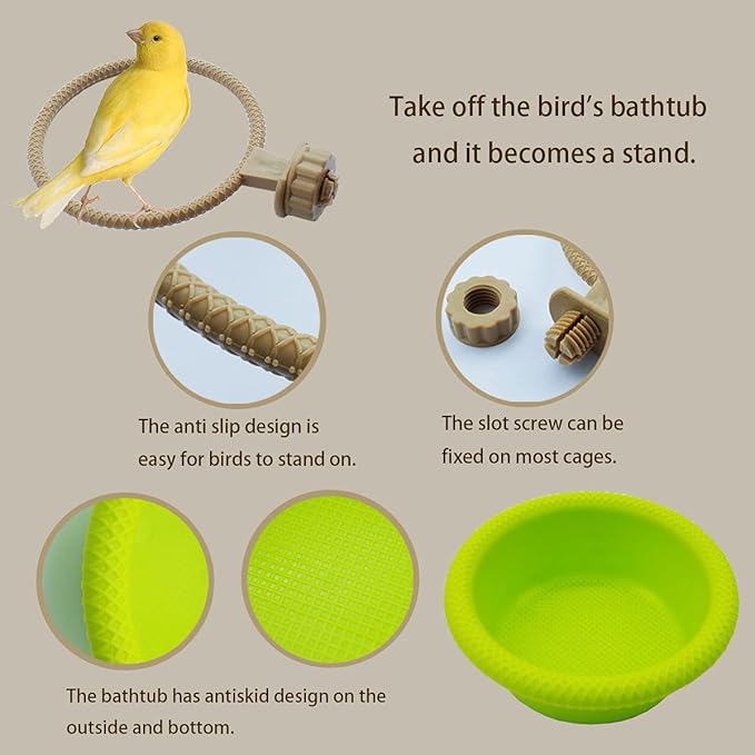 FOIBURELY Multi-Function Caged Bird Bath Bird Cage Parrot Supplies Bathing Tub for Canary Finch Budgerigar，Perch Stand(4.5")