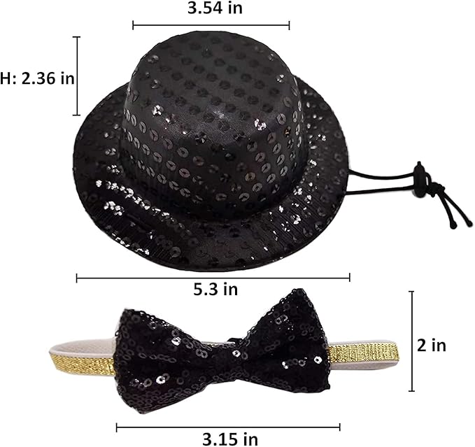 Christmas Pet Party Jazz Hat and Blingbling Bow Tie Breakaway Collar Set, Adjustable Headband for Kitten Puppy Small Dogs Cats (Black-3pcs)