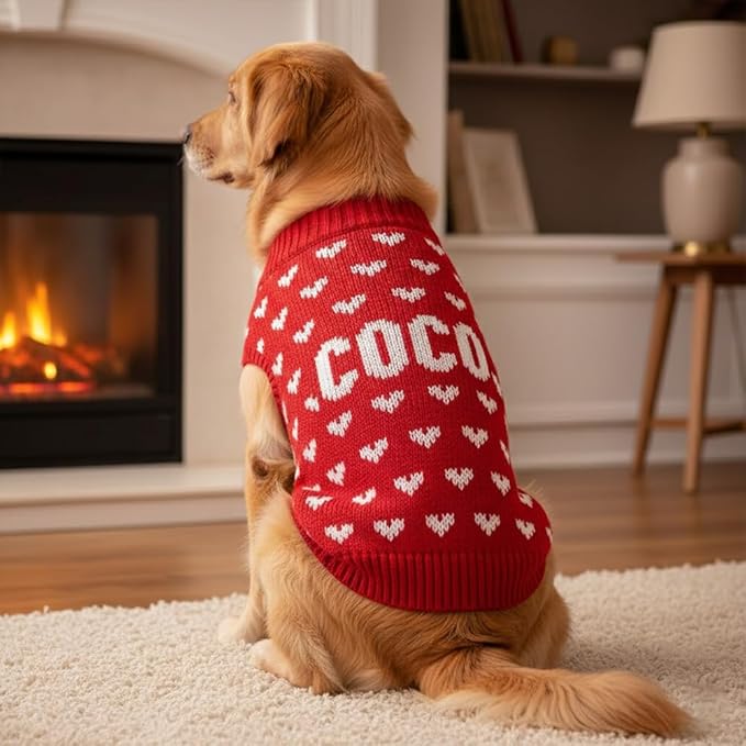 Custom Knit Sweater for Dogs and Cats, Personalized with Name and Heart, Soft and Cozy Holiday Pet Wear, Ideal for Winter Days, Special Occasions, and Valentine's Gift